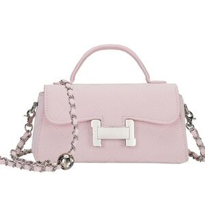 Baby pink small bag with chain crossbody strap with silver H designer look
